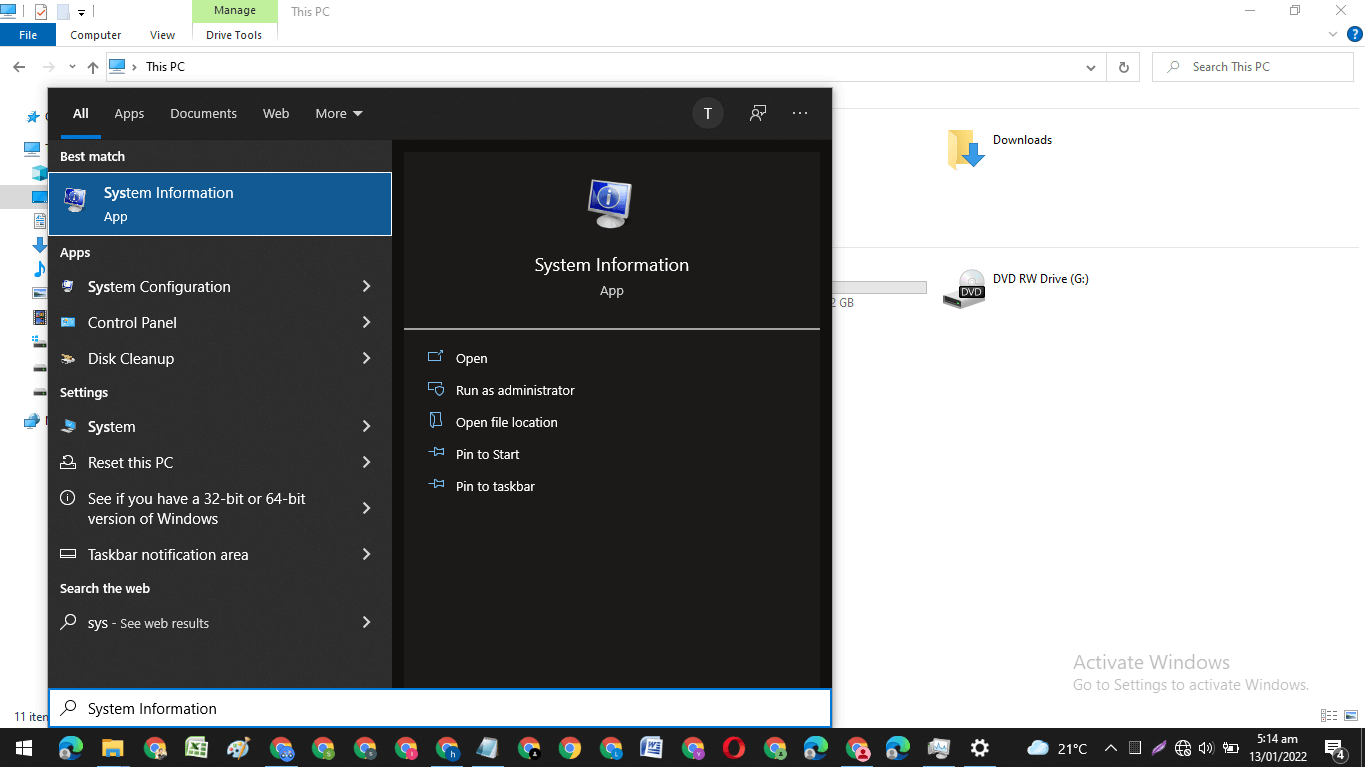 type system info in the windows task search