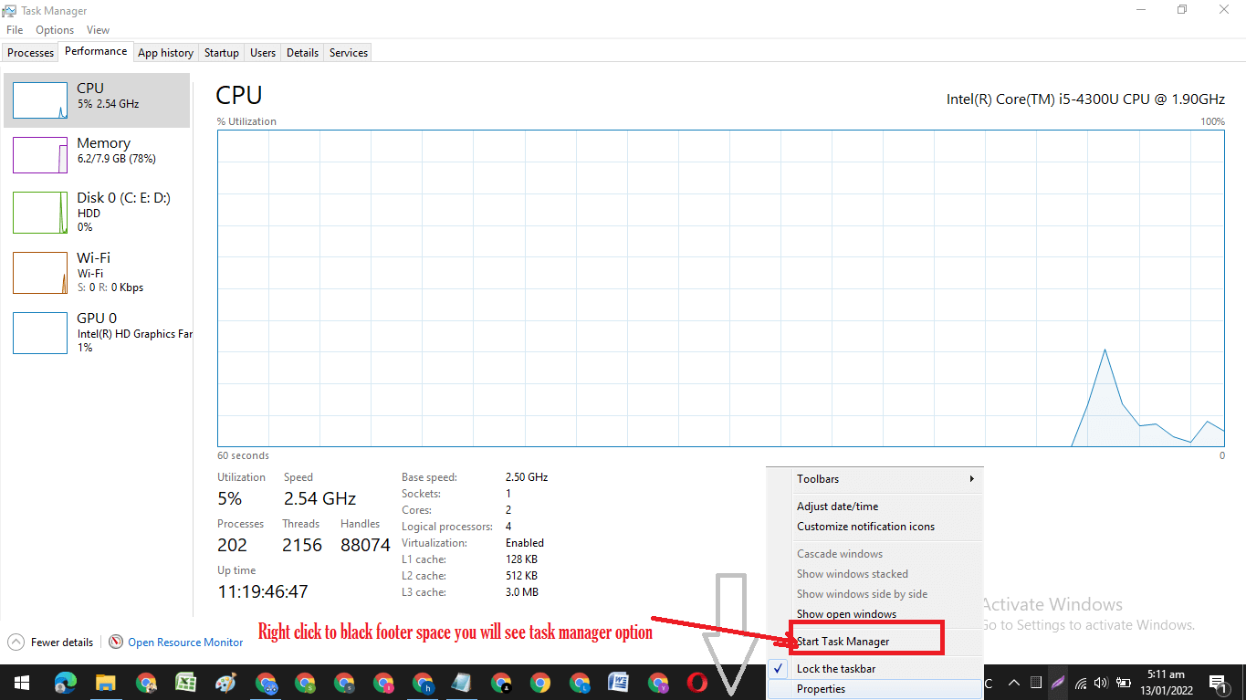 Write click to at blank space to open task manager windows 10